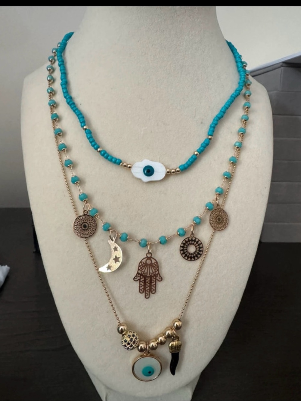 Layered Turquoise and Gold Charm Necklace Set - Women Jewelry